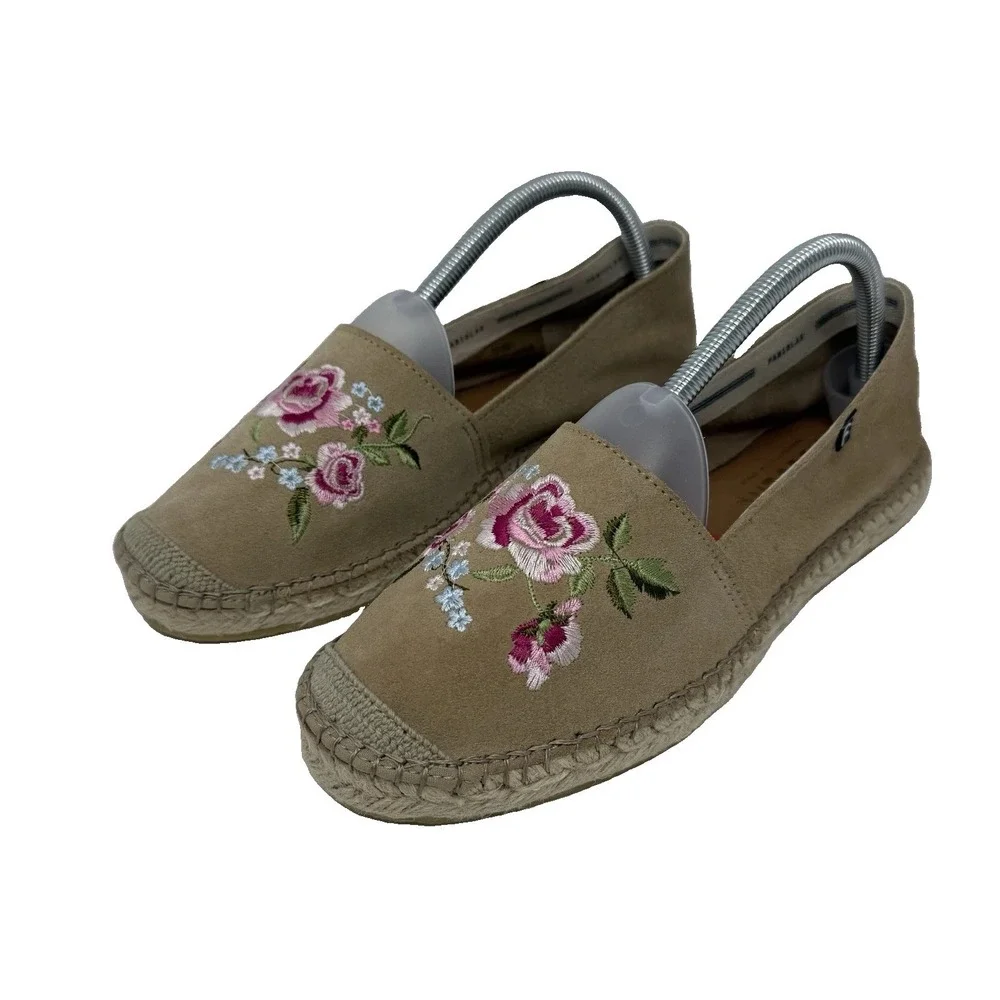 Fabiolas Espadrilles Tan Suede Leather‎ Women's Floral 9.5/41 Slip On New Summer